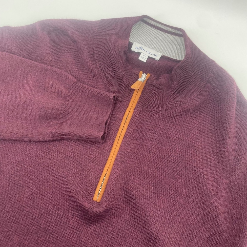 Peter Millar Sweater Mens XL Burgundy Merino Silk Quarter Zip Suede Pullover